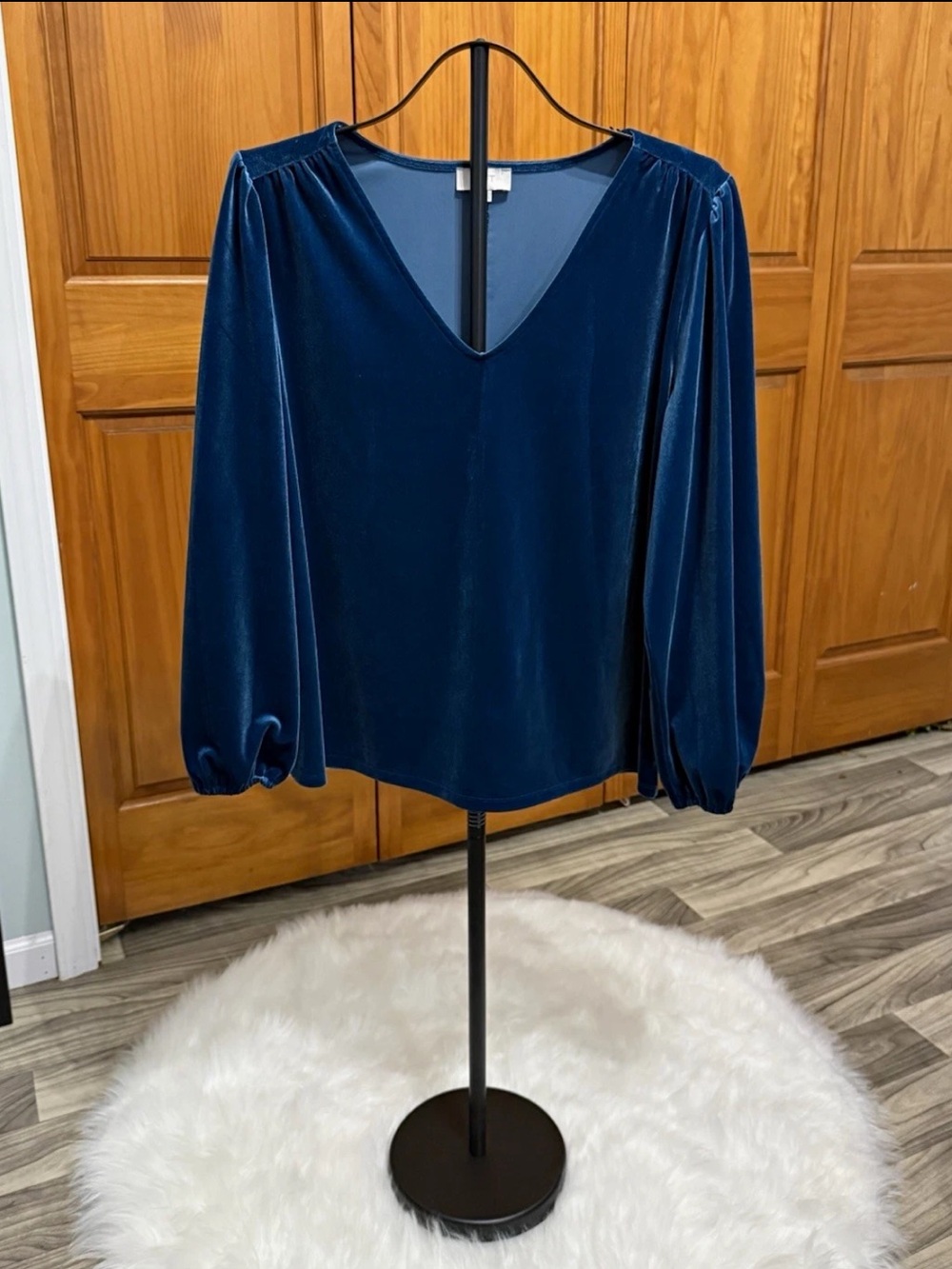 Holiday Christmas LOFT Deep Teal Velvet Bishop Sleeve Blouse ~ XL Romantic